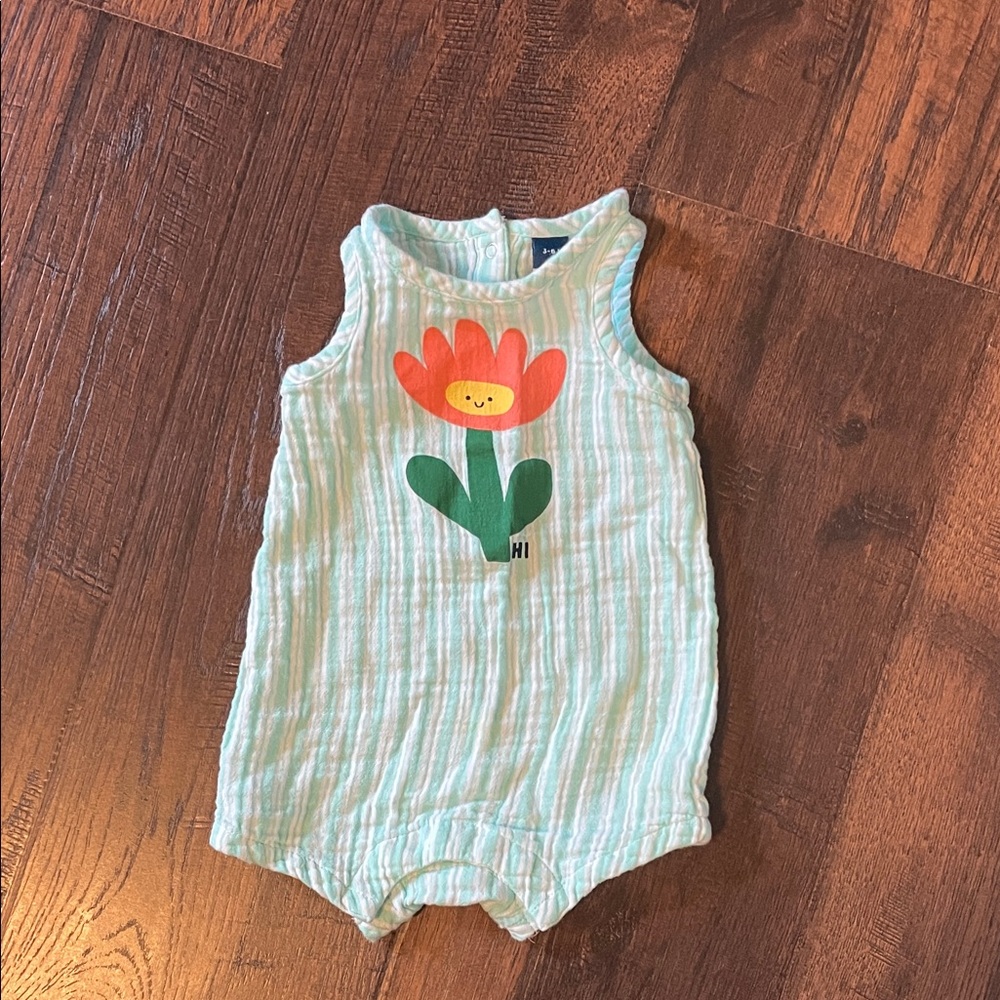 Old Navy Mint and White Striped Baby Romper with Flower Graphic